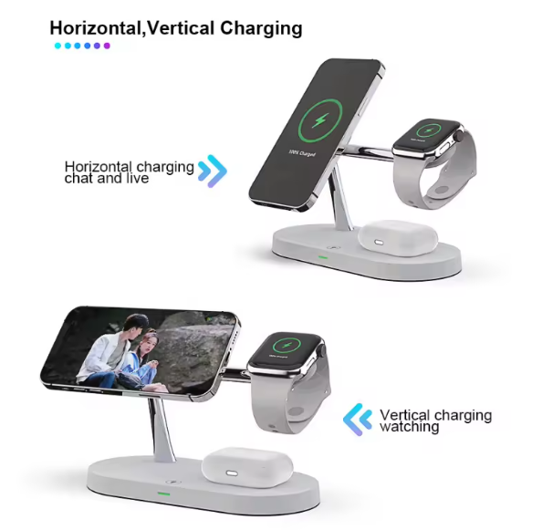 15W Fast Charging Phone Stand with USB Port, 5-in-1 Zinc Alloy Multi-functional Magnetic Wireless Charger and Stand